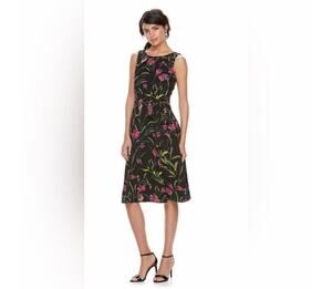 Elle Black Floral Midi Dress 4 Fit Flare Sleeveless Cottagecore